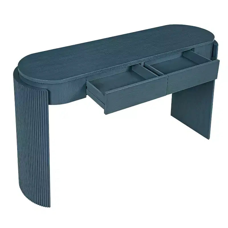 Consolle moderna Merax con piano ovale, gambe curve scanalate e due cassetti nascosti