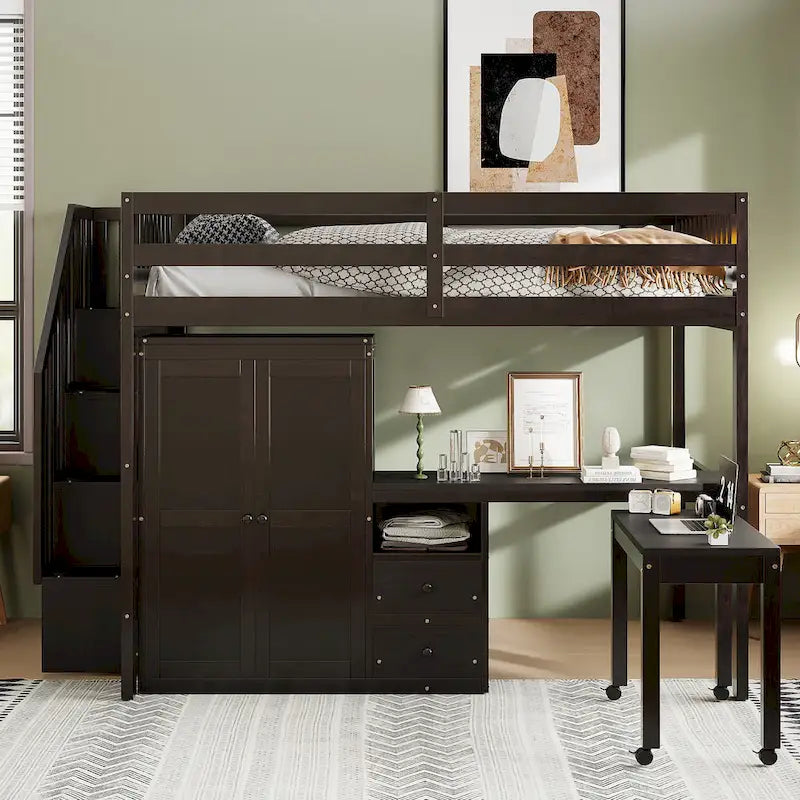 Letto a soppalco matrimoniale con scale, libreria, scrivania e guardaroba, mobile multifunzionale salvaspazio per bambini e ragazzi - bianco