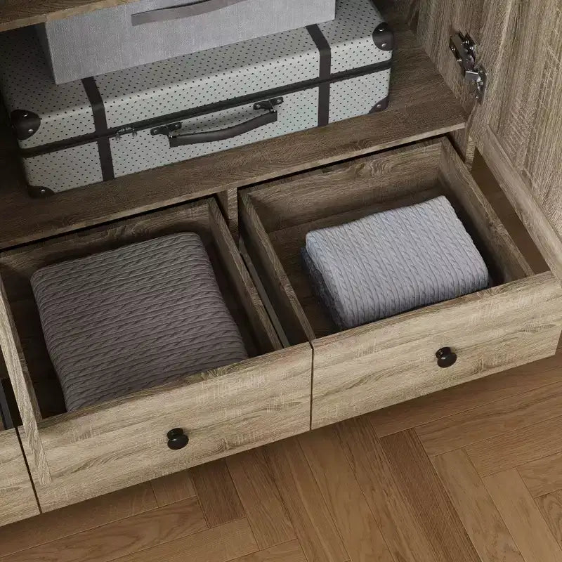 Armadio in rattan Famapy con 3 cassetti, guardaroba con 3 ante in rattan traspirante, armadio alto in stile rustico per camera da letto