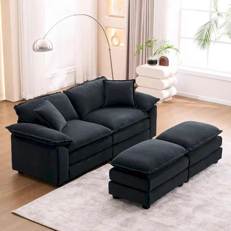 2-seater sofa with 2 cushions, 2 pillows and 2 ottomans, comfortable sofa - Living room deep sofa, modular sofa