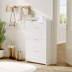 Scarpiera moderna bianca con 3 cassetti ribaltabili, 2 cassetti piccoli e ganci, organizer sottile scanalato per scarpe, mobile stretto per ingresso