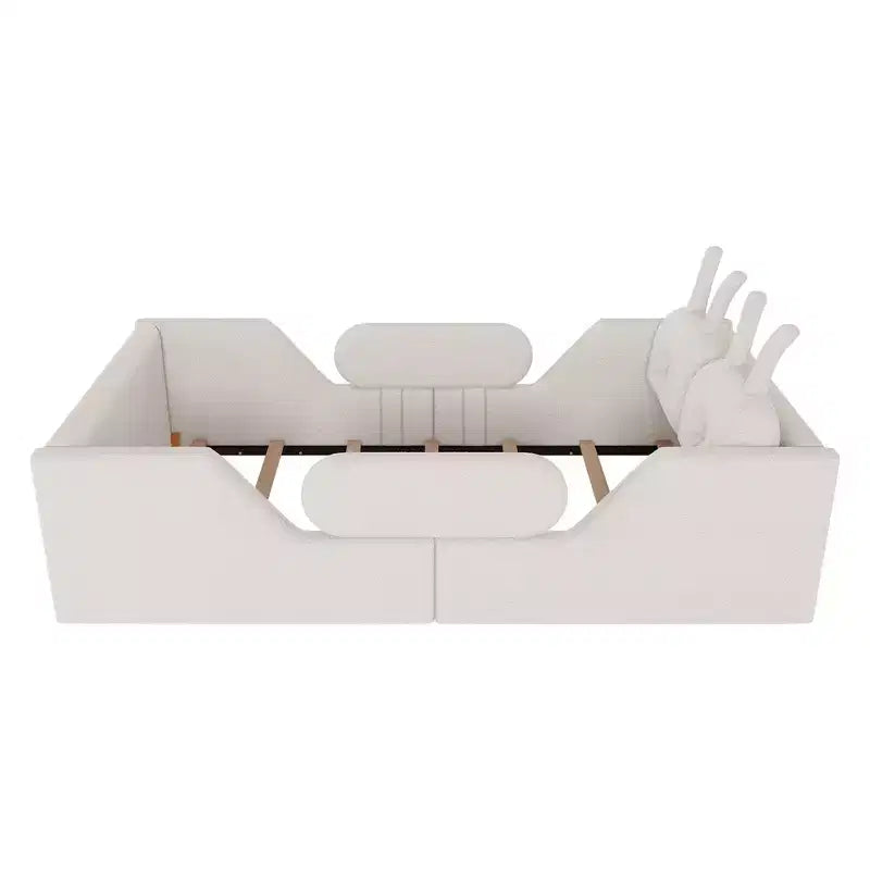 Letto a piattaforma singolo Whisen, struttura imbottita per letto a terra per bambini con cuscino a forma di coniglio e sponde laterali rimovibili