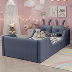 Letto a piattaforma singolo Whisen, struttura imbottita per letto a terra per bambini con cuscino a forma di coniglio e sponde laterali rimovibili
