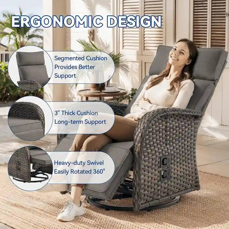 Ensemble Pocassy de 3 pièces comprenant une chaise longue d’extérieur polyvalente avec table d’appoint et coussin gris