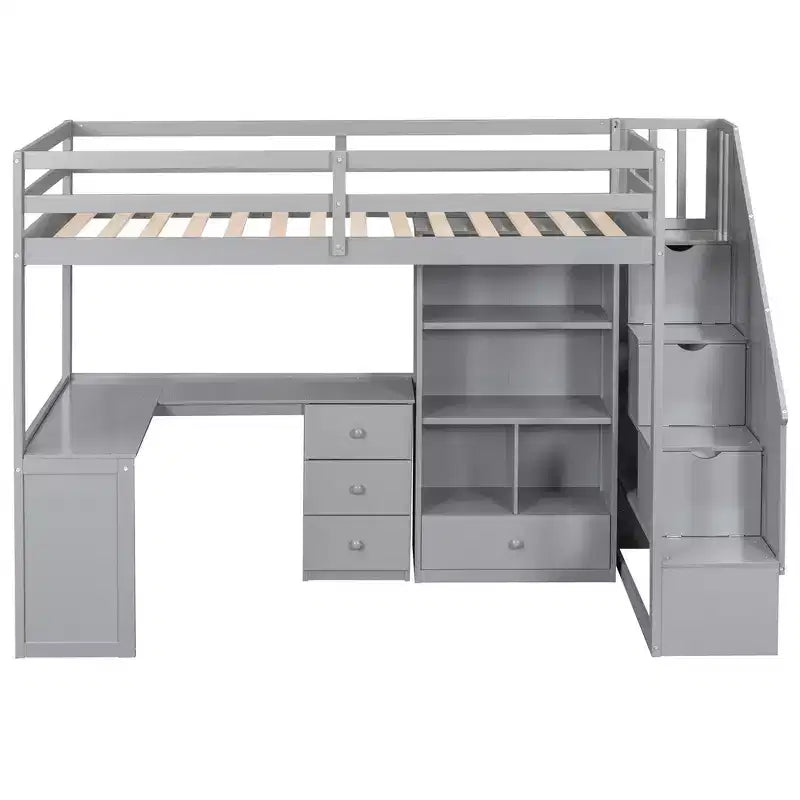 Letto a soppalco singolo con scrivania a L, 3 cassetti, armadietto e spazio contenitore nella scala, struttura in pino massello e MDF
