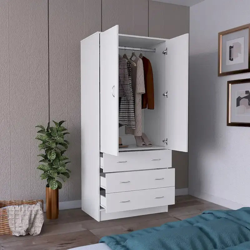 Armoire moderne à deux portes avec 3 tiroirs et 1 tringle pour chambre