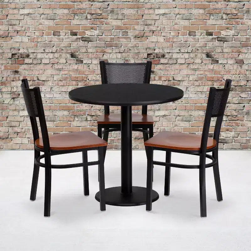 Set tavolo rotondo Emma e Oliver da 30 pollici laminato nero, 3 sedie in metallo con schienale a griglia