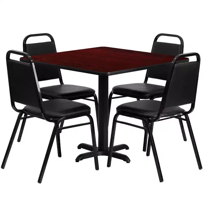 Emma and Oliver 36-Zoll-quadratisches Laminat-Tischset mit X-Gestell und 4 Bankettstühlen