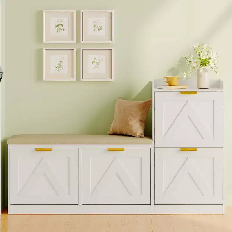Meuble à chaussures de style maison de campagne avec banc, 4 tiroirs basculants, organisateur de rangement pour chaussures d’entrée avec assise rembourrée confortable, banc à chaussures autoportant