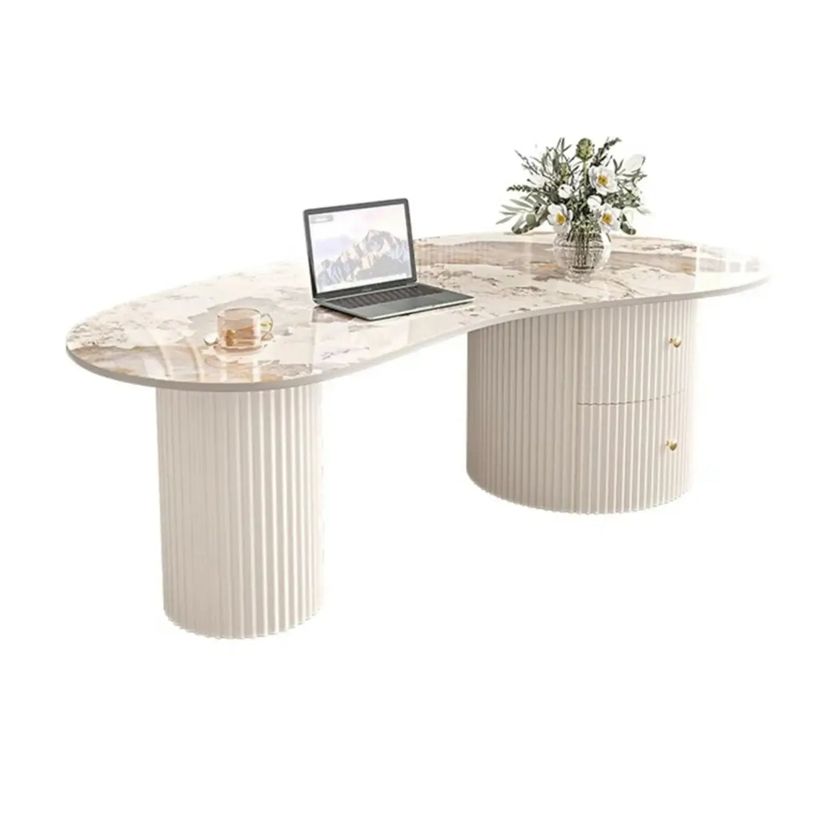 Table basse ovale blanche standard minimaliste avec 2 tiroirs