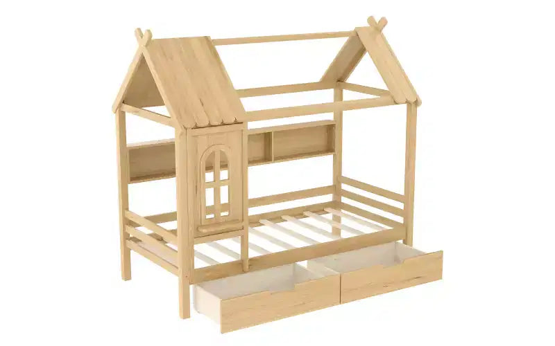 Haus-Hochbett mit Aufbewahrungsschubladen und Fenster, Rahmen aus Massivholz mit Regalen, kindlich-verspieltes Design, helles Weiß