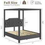 Cadre de lit à baldaquin Queen Size avec poteaux et supports d’angle à 4 coins, lattes en bois massif, sans sommier requis, silencieux