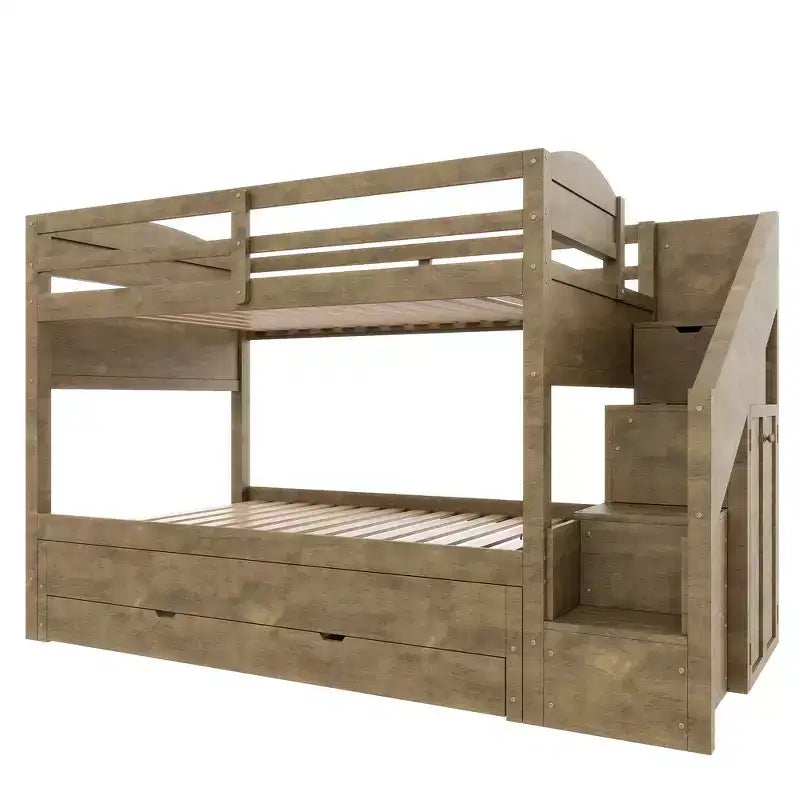 Letto a castello Whisen Twin XL con letto estraibile, contenitore, legno massello, scala contenitore, armadio e 3 cassetti, per bambini