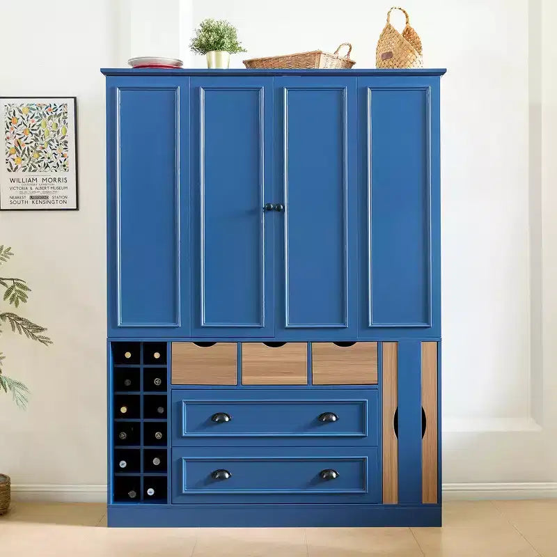 Armoire garde-manger indépendante Whisen de 71 po de hauteur, grand meuble de rangement pour salle à manger avec 4 portes pliantes, étagères et porte-bouteilles