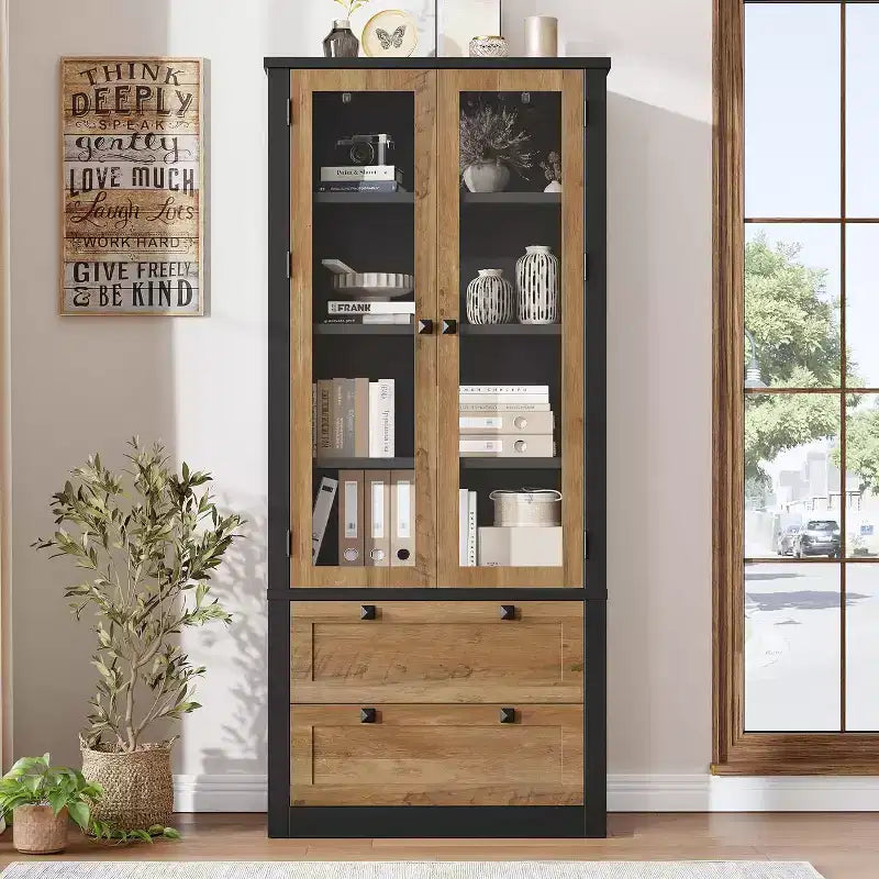 Dispensa da cucina in stile rustico con ante in vetro, mobile contenitore da 72 pollici con cassetti e ripiani regolabili per sala da pranzo, bagno e soggiorno