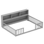 Letto a pavimento Montessori Twin/Full con libreria, ripiani contenitore e sponde di sicurezza, bianco/grigio