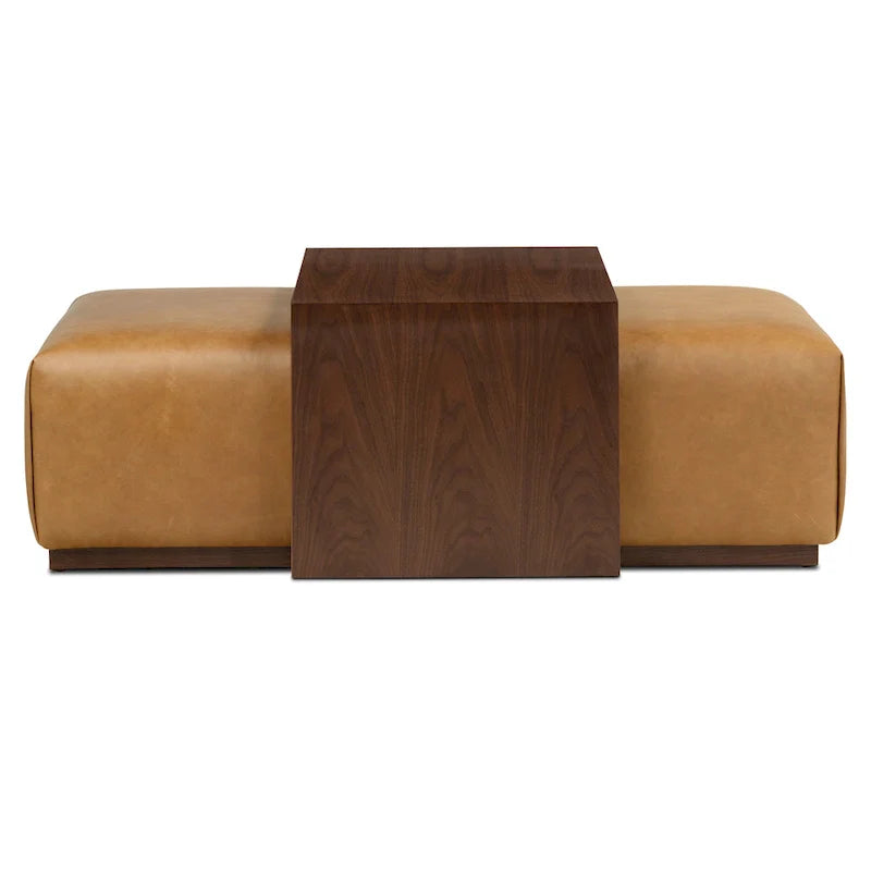Pouf Jarmo Poly & Bark con tavolino regolabile in noce, vera pelle italiana pieno fiore