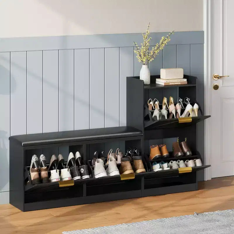 Meuble à chaussures de style maison de campagne avec banc, 4 tiroirs basculants, organisateur de rangement pour chaussures d’entrée avec assise rembourrée confortable, banc à chaussures autoportant