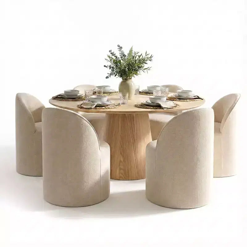 Ensemble de table à manger moderne pour 6 personnes, table ronde à piètement central, fauteuils tonneau pivotants à roulettes, chenille texturée - Panipeachy