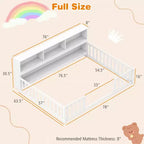 Letto a pavimento Montessori Twin/Full con libreria, ripiani contenitore e sponde di sicurezza, bianco/grigio