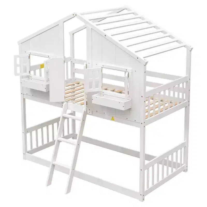 Letto a soppalco matrimoniale singolo a forma di casetta, letto rialzato in legno tipo casetta con scaletta e sponde di sicurezza per bambini
