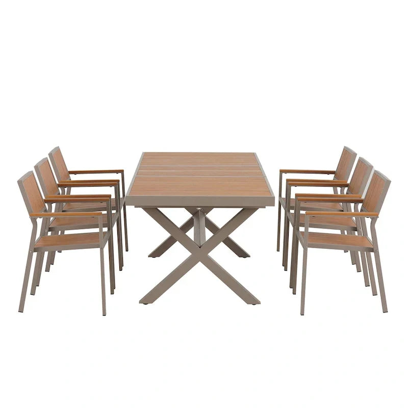 Set da pranzo da esterno estensibile da 7 pezzi con tavolo estensibile e 6 sedie con braccioli