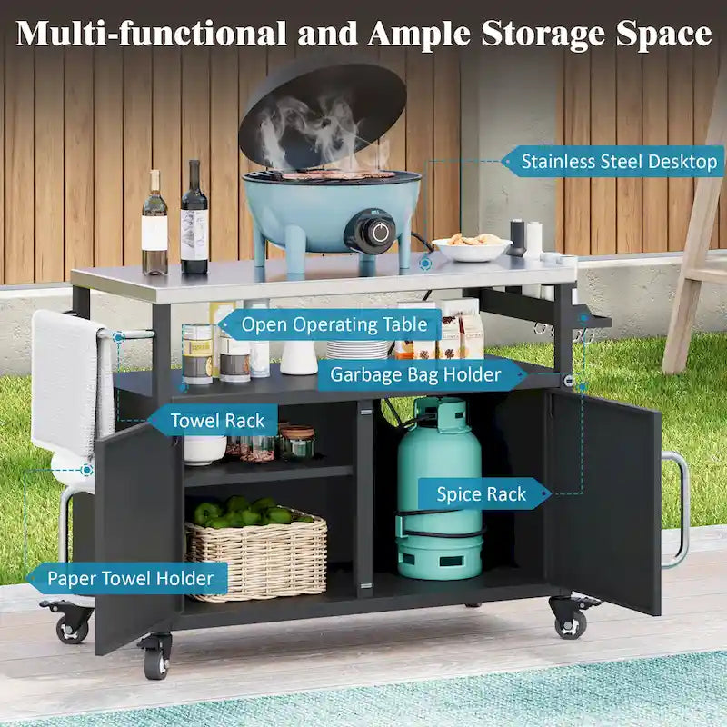 Îlot de cuisine extérieur avec plateau en acier inoxydable, chariot de gril en métal avec meuble de rangement - N/A