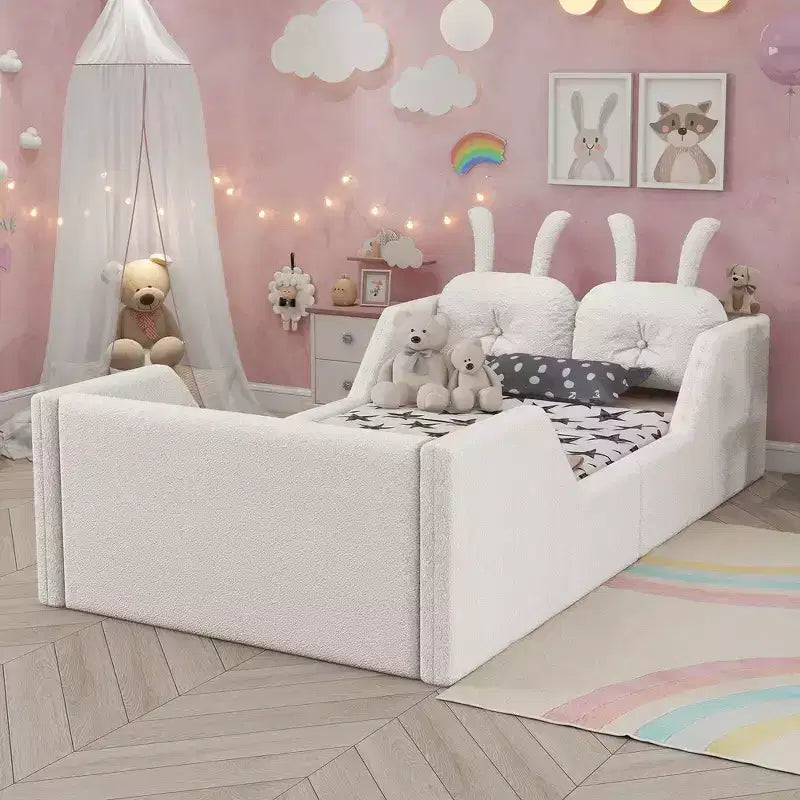 Letto a piattaforma singolo Whisen, struttura imbottita per letto a terra per bambini con cuscino a forma di coniglio e sponde laterali rimovibili