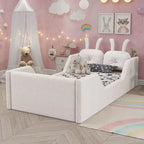 Letto a piattaforma singolo Whisen, struttura imbottita per letto a terra per bambini con cuscino a forma di coniglio e sponde laterali rimovibili