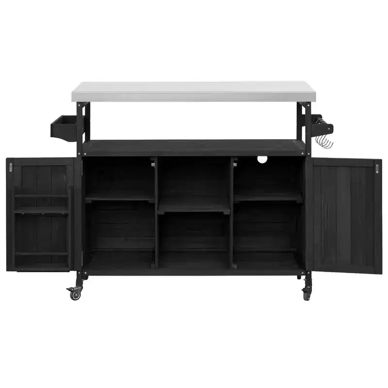 Îlot de cuisine extérieur Okak avec plateau en acier inoxydable, desserte de cuisine en bois avec portes, étagères et porte-épices, îlot de cuisine à roulettes
