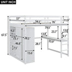 Lit mezzanine en bois 2 places avec armoire intégrée, bureau, étagères de rangement et tiroirs