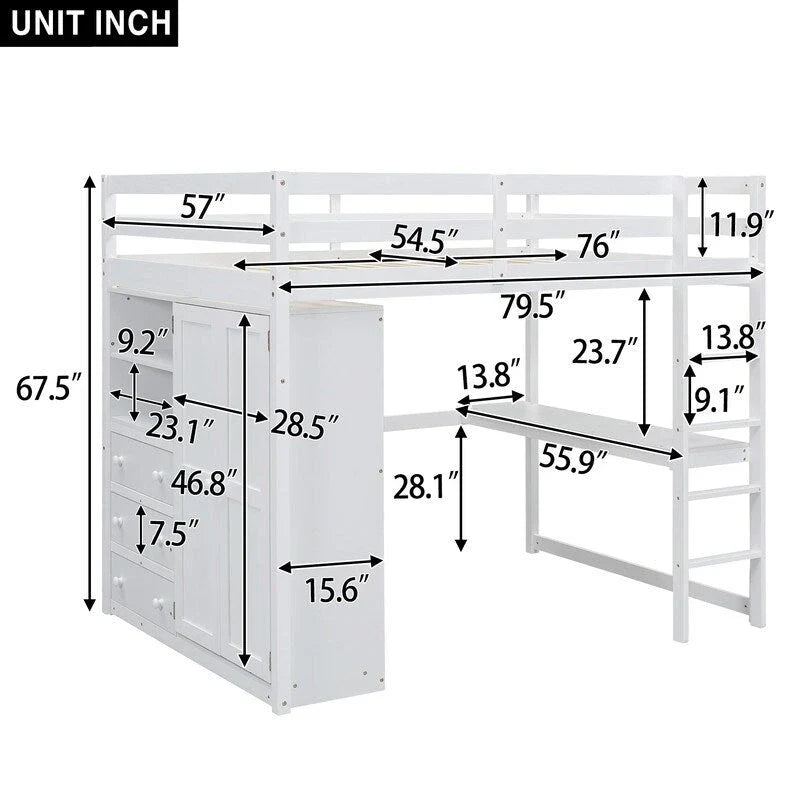 Lit mezzanine en bois 2 places avec armoire intégrée, bureau, étagères de rangement et tiroirs