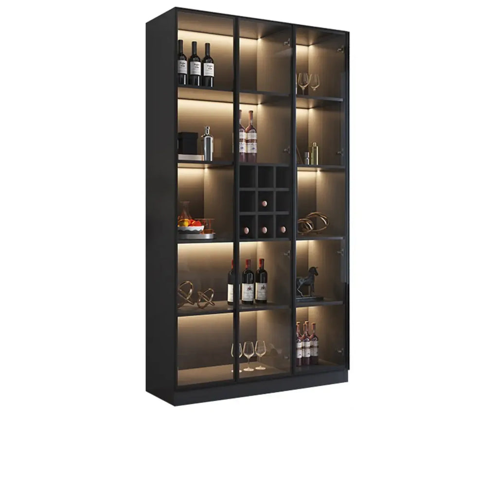 Credenza portabottiglie minimalista in legno nero con anta in vetro
