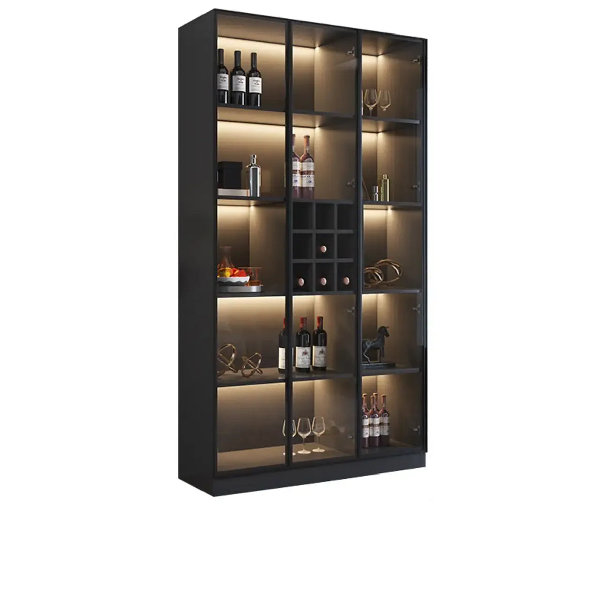 Credenza portabottiglie minimalista in legno nero con anta in vetro