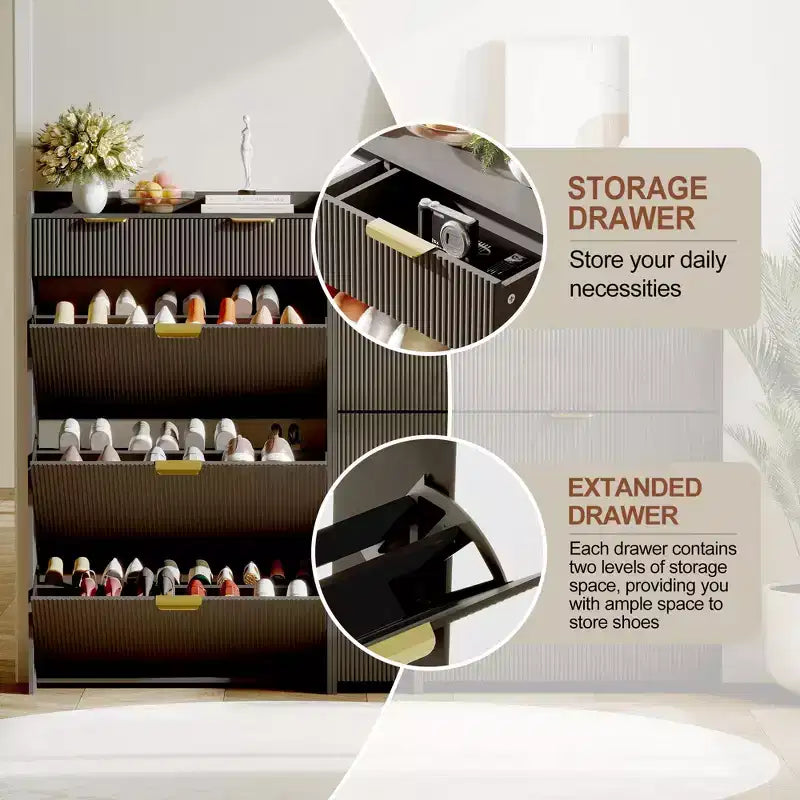 Scarpiera moderna bianca con 3 cassetti ribaltabili, 2 cassetti piccoli e ganci, organizer sottile scanalato per scarpe, mobile stretto per ingresso