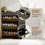 Scarpiera moderna bianca con 3 cassetti ribaltabili, 2 cassetti piccoli e ganci, organizer sottile scanalato per scarpe, mobile stretto per ingresso