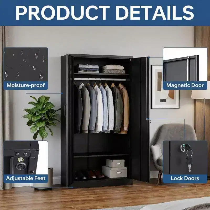 Armoire-penderie en acier robuste de 72 po avec serrure, armoires de rangement métalliques pour garage, armoire métallique de rangement pour la maison, la chambre, le bureau ou le dressing