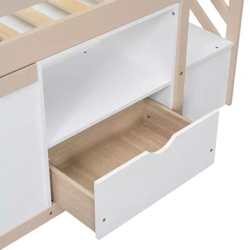 Letto soppalcato singolo Okak in legno massello con scale e spazio contenitore, letto a castello singolo basso con cassetti e ripiani, letto soppalcato multifunzionale per bambini e ragazzi