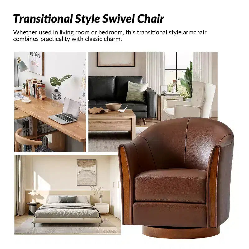 Fauteuil tonneau pivotant Pocono de style transitionnel en cuir véritable avec piètement en bois massif, ensemble de 2, Artful Living Design
