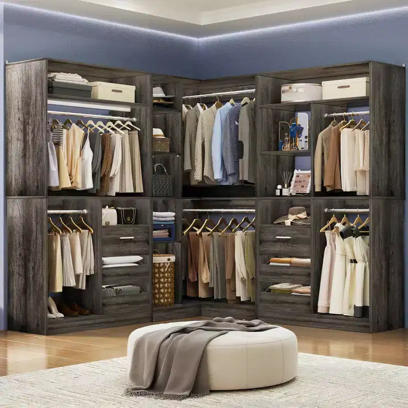 Ensemble Besiost de 3 éléments pour dressing d’angle avec étagères en colonne et tiroirs, organisateur de dressing autoportant avec tringles