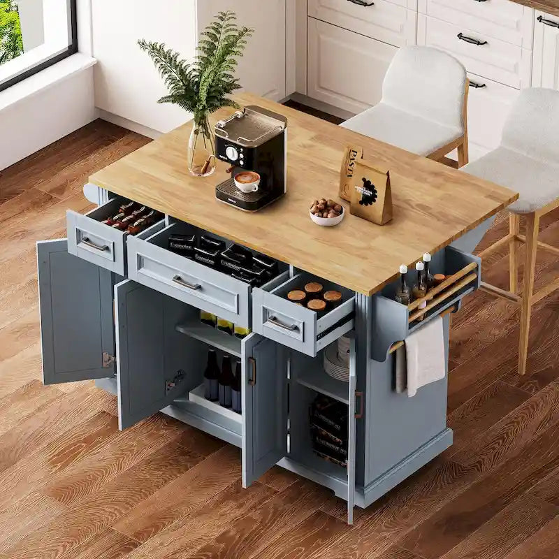 54 Îlot de cuisine grand format avec rallonge rabattable en bois d’hévéa, desserte de cuisine roulante à texture gaufrée sur 4 roulettes avec 4 portes et 3 tiroirs