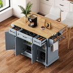 54 Îlot de cuisine grand format avec rallonge rabattable en bois d’hévéa, desserte de cuisine roulante à texture gaufrée sur 4 roulettes avec 4 portes et 3 tiroirs