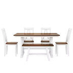 Set da 6 pezzi per tavolo da pranzo in legno stile rustico con panca lunga e 4 sedie da pranzo-ModernLuxe