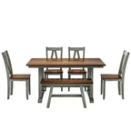 Set da 6 pezzi per tavolo da pranzo in legno stile rustico con panca lunga e 4 sedie da pranzo-ModernLuxe