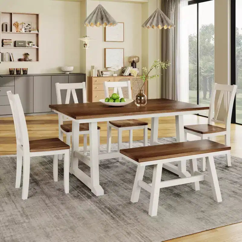 Farmhouse 6-teiliges Esszimmerset aus Holz mit langer Bank und 4 Esszimmerstühlen - ModernLuxe