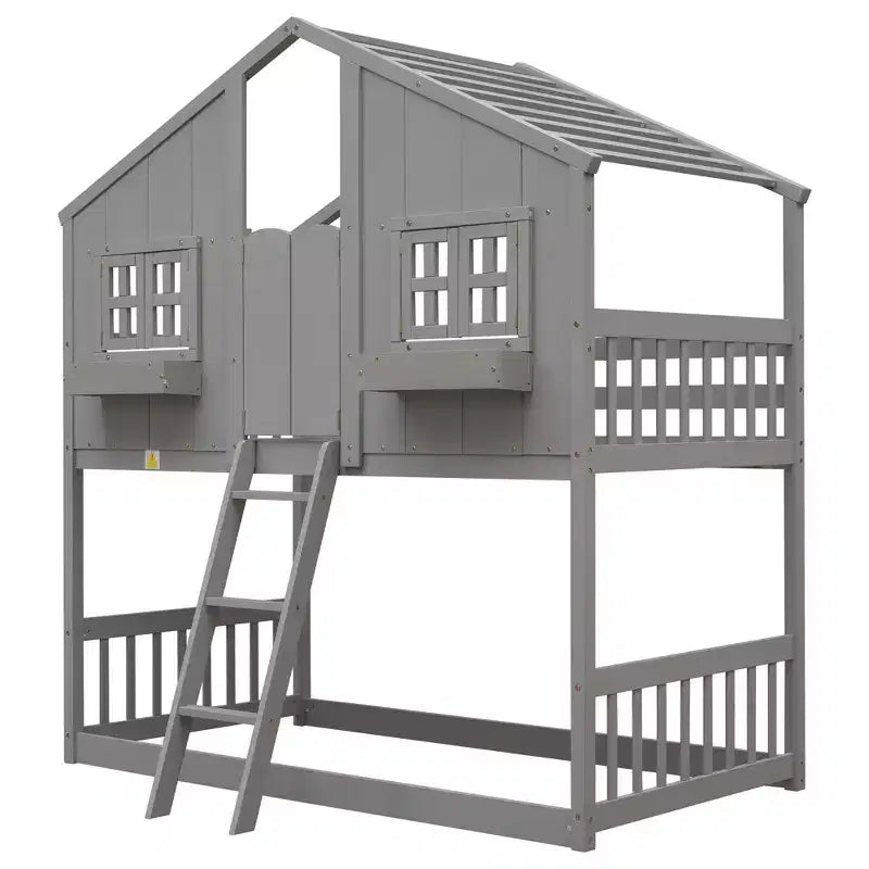 Letto a soppalco matrimoniale singolo a forma di casetta, letto rialzato in legno tipo casetta con scaletta e sponde di sicurezza per bambini