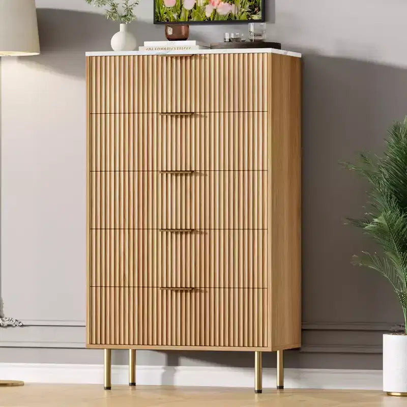 Cassettiera bianca / effetto marmo e legno a 5 cassetti - Pannello scanalato, per 1 persona