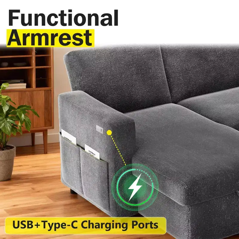 Dyonery 81-Sitzer-Schlafsofa, L-förmiges Ausziehsofa mit wendbarer Recamiere mit Stauraum, USB-Anschluss und verstellbarer Rückenlehne