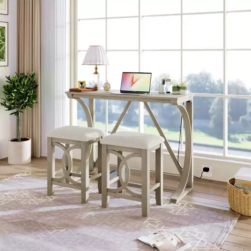 3-teiliges Esszimmertisch-Set im Landhausstil in Thekenhöhe mit USB-Anschluss und gepolsterten Hockern - ModernLuxe