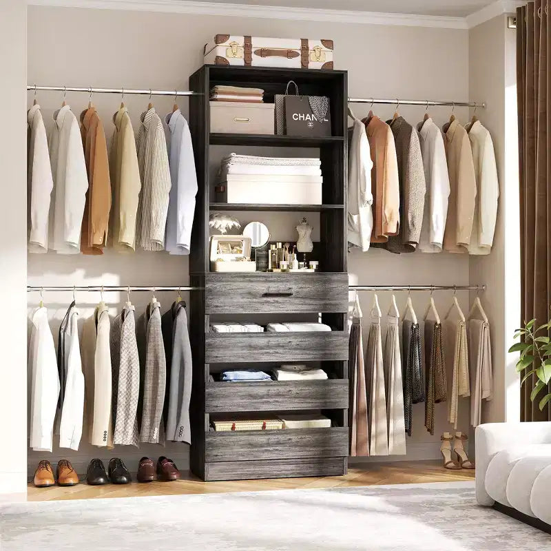 Système d’organisation de dressing en bois Besiost de 4 à 9 pieds avec 4 tiroirs, 4 tringles et des colonnes d’étagères
